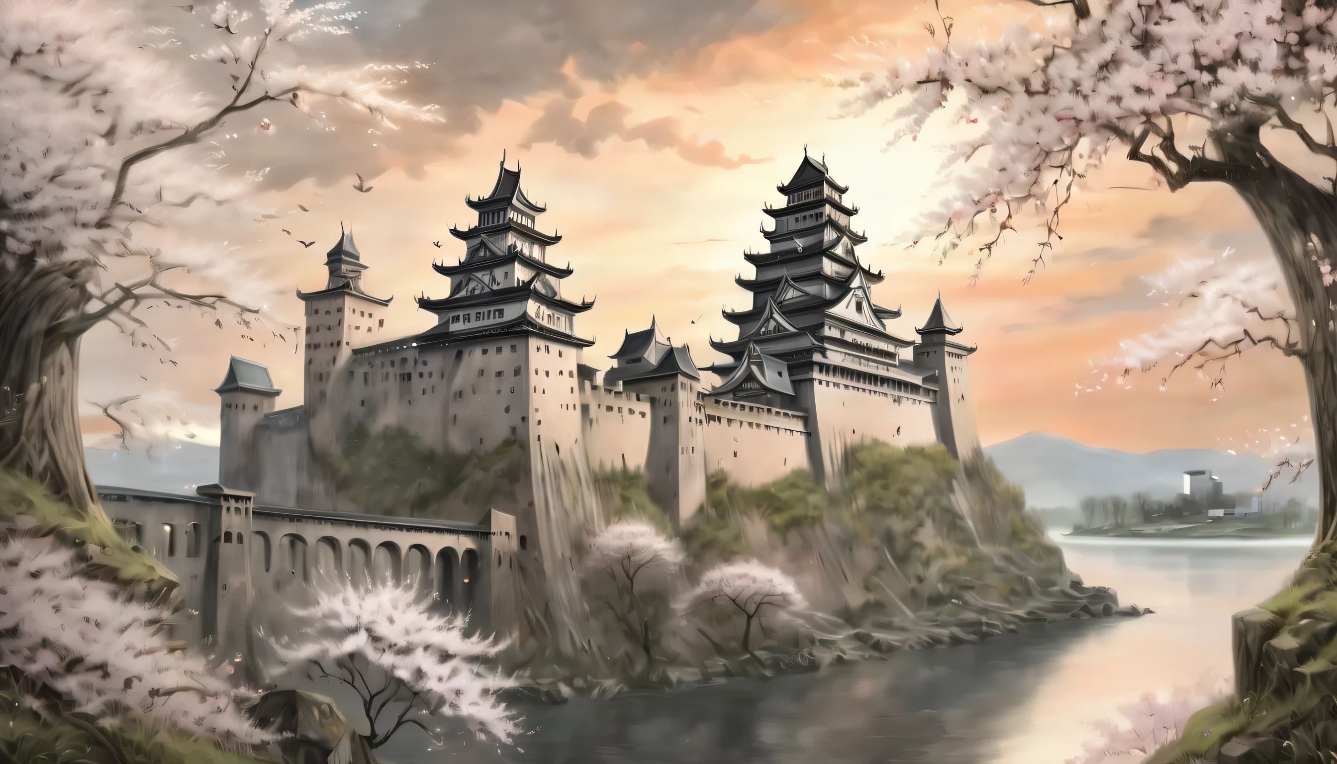 towering within the same ancient city、An unforgettable old castle, Illustrated with fascinating illustrations, The image shows the black metal plate, Juxtaposed with the delicate beauty of cherry blossom paintings, The setting sun shines in warm colors, Create a striking black and white contrast, Every detail of the castle is carefully drawn., A weathered stone wall appears, crumbling turret, complex architectural elements, Images create a timeless feel、evoke, a kind of mysterious atmosphere, Let the viewer imagine the stories and legends woven into it。, walls of this ancient fortress, Top quality illustrations, Expressing complex textures and delicate nuances。, It is an eye-catching visual masterpiece.,