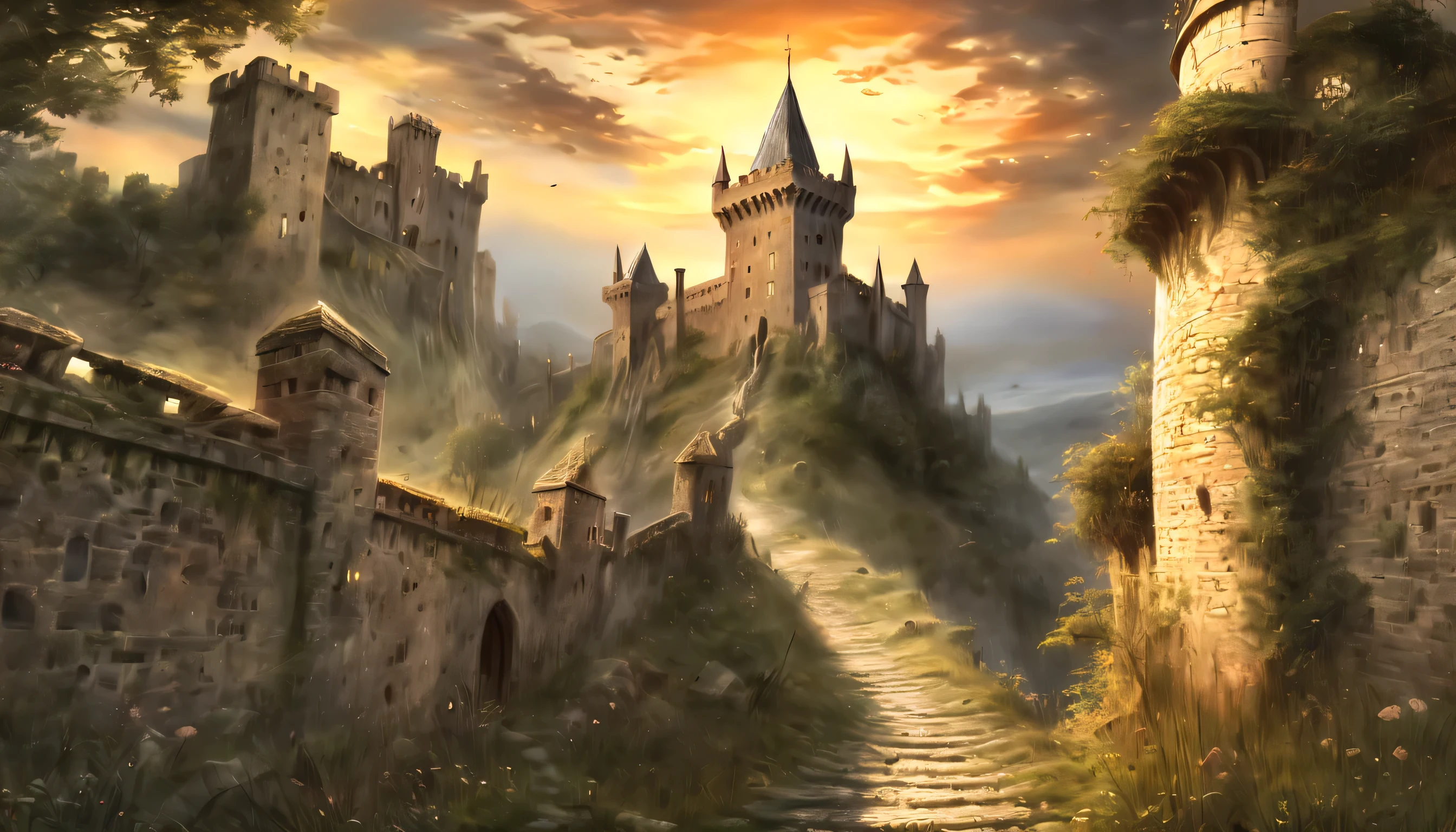 Another world to a world of dark fantasy and wonder, Quaint, An ancient castle surrounded by a charming ancient medieval city, A picturesque castle awaits, Against the backdrop of a stunning sunset, The warm hues of the setting sun are in the corner々illuminates up to, Intricate details of stone roads and natural light create a surreal atmosphere, The setting sun casts a warm light on the scene, The handwriting is very accurate, It looks almost unrealistically beautiful, Every detail comes alive and vivid, atmosphere of a bygone era, Delicate brush strokes capture every intricate detail, Emphasizes careful brushstrokes and intricate details, Immerse yourself in the beauty of breathtaking backgrounds, The level of detail in the master is amazing, From natural light to elaborate brushstrokes,