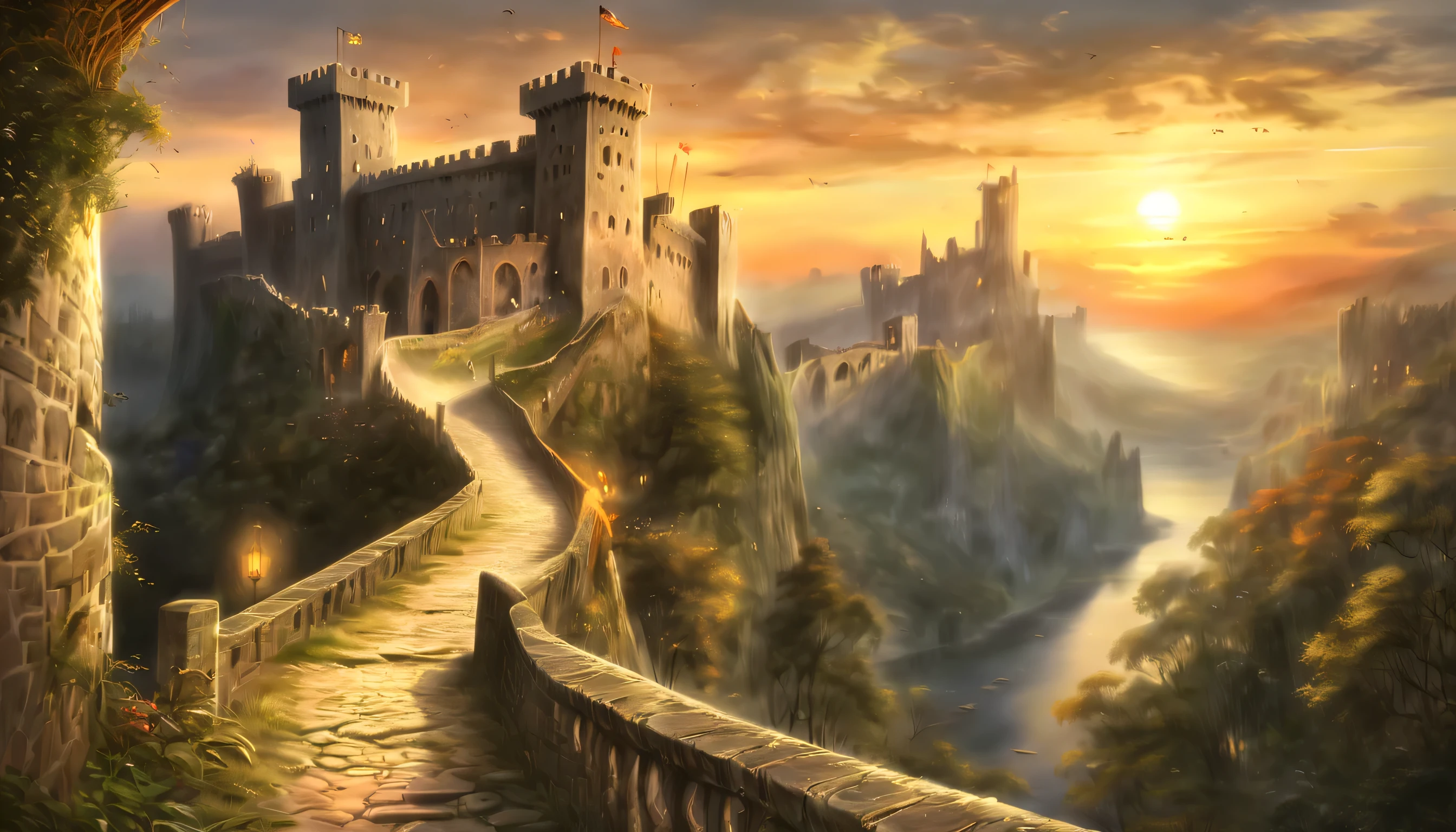 Another world to a world of dark fantasy and wonder, Quaint, An ancient castle surrounded by a charming ancient medieval city, A picturesque castle awaits, Against the backdrop of a stunning sunset, The warm hues of the setting sun are in the corner々illuminates up to, Intricate details of stone roads and natural light create a surreal atmosphere, The setting sun casts a warm light on the scene, The handwriting is very accurate, It looks almost unrealistically beautiful, Every detail comes alive and vivid, atmosphere of a bygone era, Delicate brush strokes capture every intricate detail, Emphasizes careful brushstrokes and intricate details, Immerse yourself in the beauty of breathtaking backgrounds, The level of detail in the master is amazing, From natural light to elaborate brushstrokes,