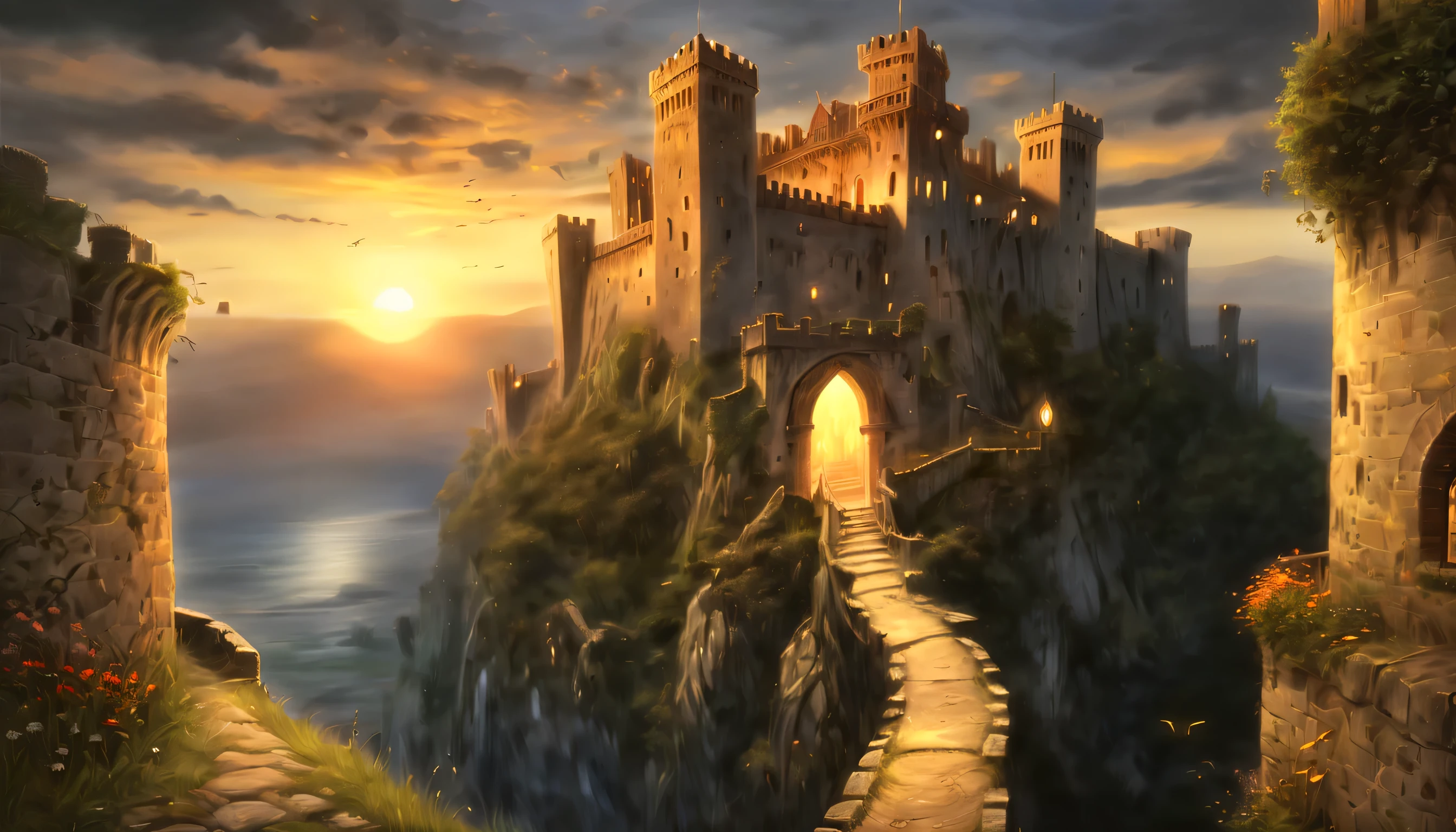 Another world to a world of dark fantasy and wonder, Quaint, An ancient castle surrounded by a charming ancient medieval city, A picturesque castle awaits, Against the backdrop of a stunning sunset, The warm hues of the setting sun are in the corner々illuminates up to, Intricate details of stone roads and natural light create a surreal atmosphere, The setting sun casts a warm light on the scene, The handwriting is very accurate, It looks almost unrealistically beautiful, Every detail comes alive and vivid, atmosphere of a bygone era, Delicate brush strokes capture every intricate detail, Emphasizes careful brushstrokes and intricate details, Immerse yourself in the beauty of breathtaking backgrounds, The level of detail in the master is amazing, From natural light to elaborate brushstrokes,