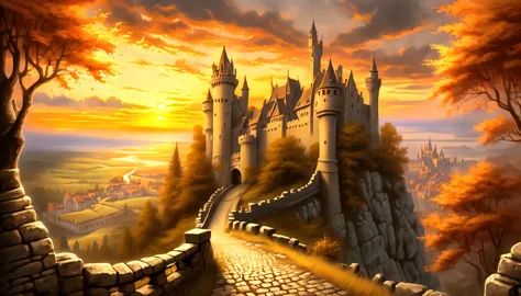 An otherworldly wolf steps into a world of dark fantasy and wonder, Quaint, A castle in a charming ancient medieval city, Against the backdrop of a stunning sunset, The warm hues of the setting sun are in the corner々illuminates up to, Intricate details of ...