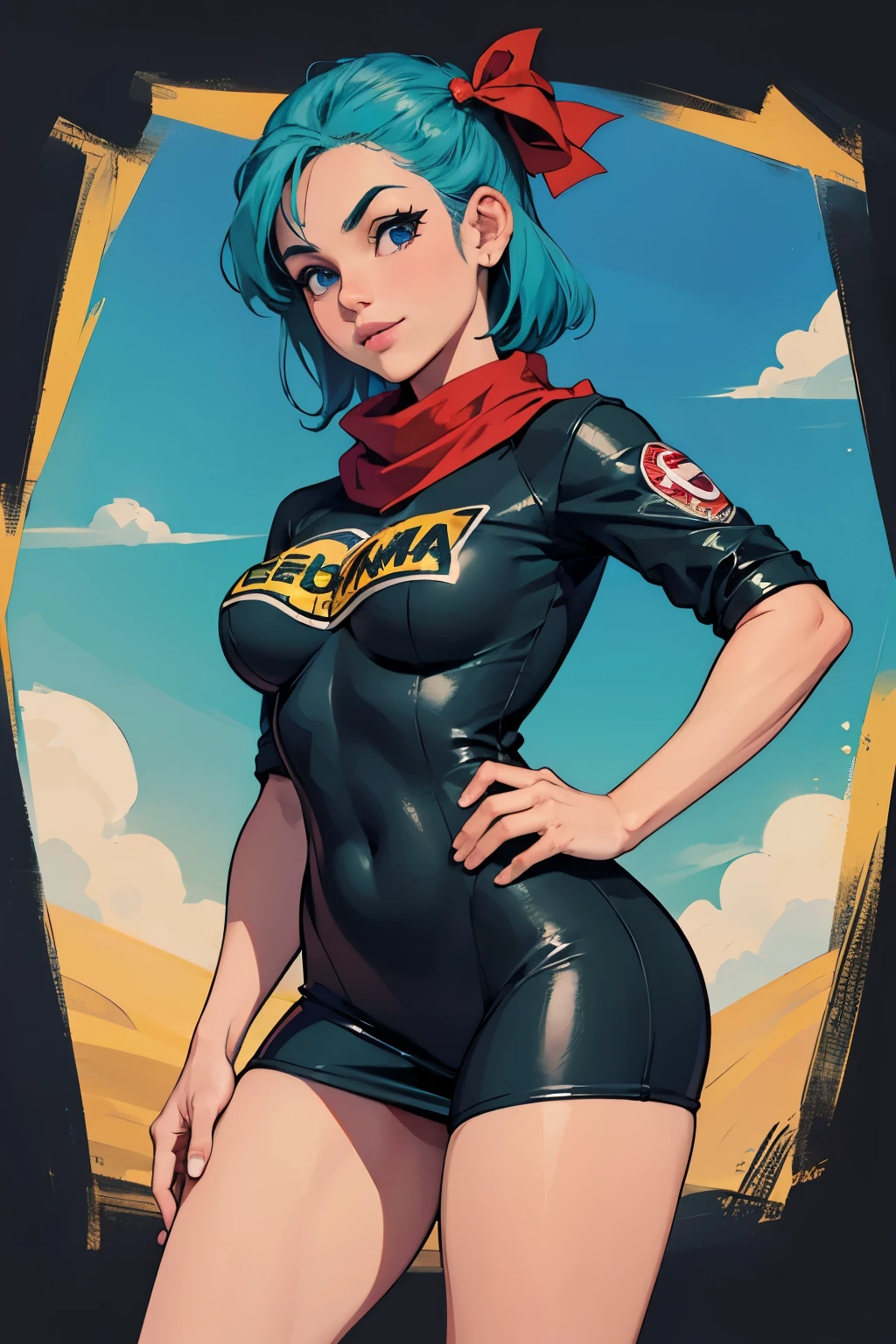 BULMA, (Masterpiece, Best Quality:1.2), cowboy shot, Alone, 1 girl, BULMA, SMILE, looking at the viewer, crossed arms, short hair, black aviator dress, tight clothes, perfect body, slim figure, red scarf, high details
