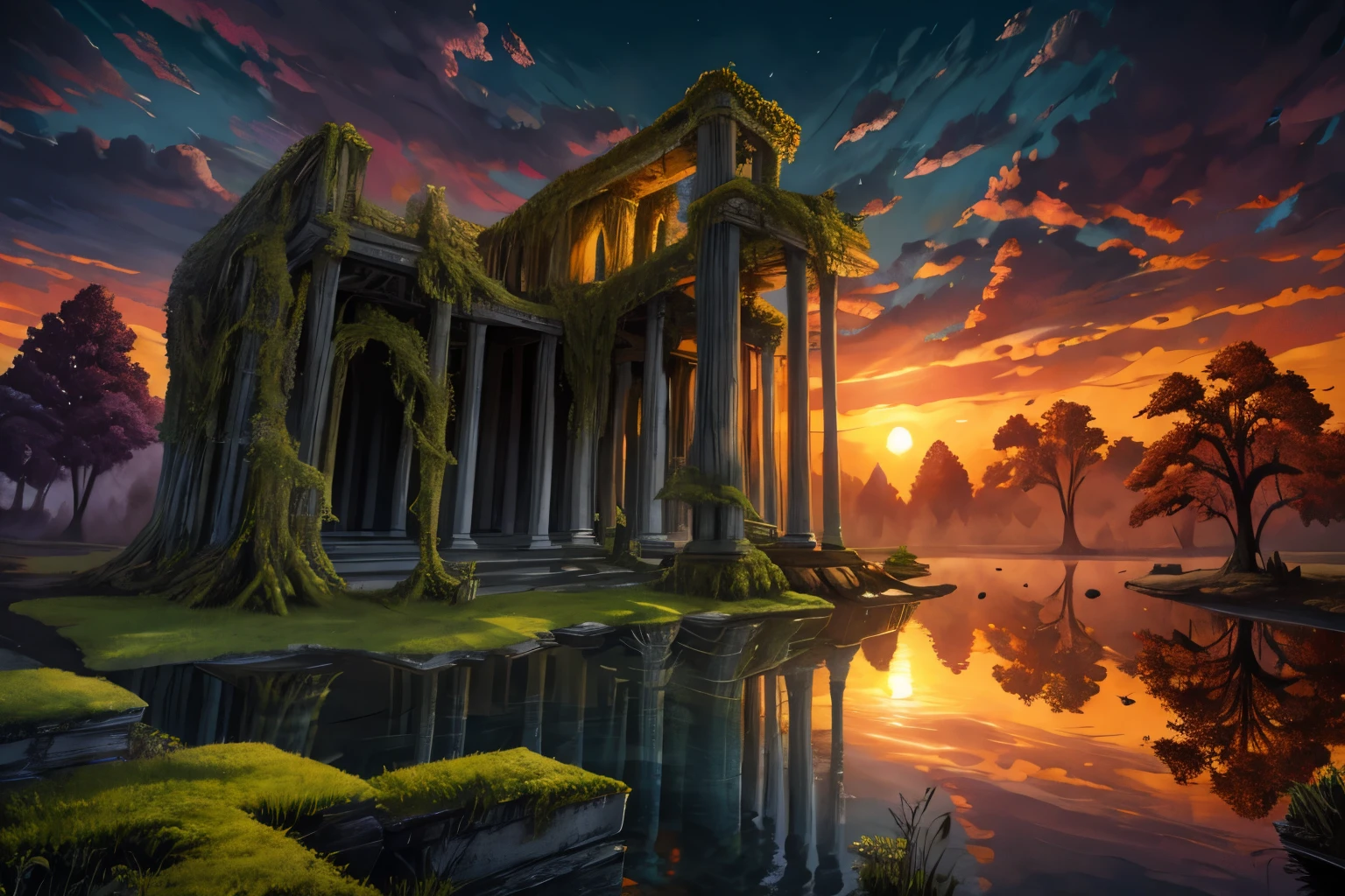 (best quality:1.5), surreal, intricate details, 8k, fantasy, vintage art style, LODBG, devoid of humans, outdoor, sky, clouds, water, trees, clouds against the sky, nature, landscape, reflections, sunset, ruins, pillars, moss-covered, overgrown with weeds, volumetric lighting, perfect composition, extremely detailed, exquisitely crafted scenery, (ultra-detailed)