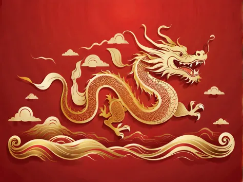 Sketch style, Simple golden negative space on Chinese red background, Smiling happily and cutely, Minimalist Chinese dragon walking, dynamic action, golden english thin line "Marine art" Width, "Marine art."
flat, vector, clip art, Greg Staples style, Opat...