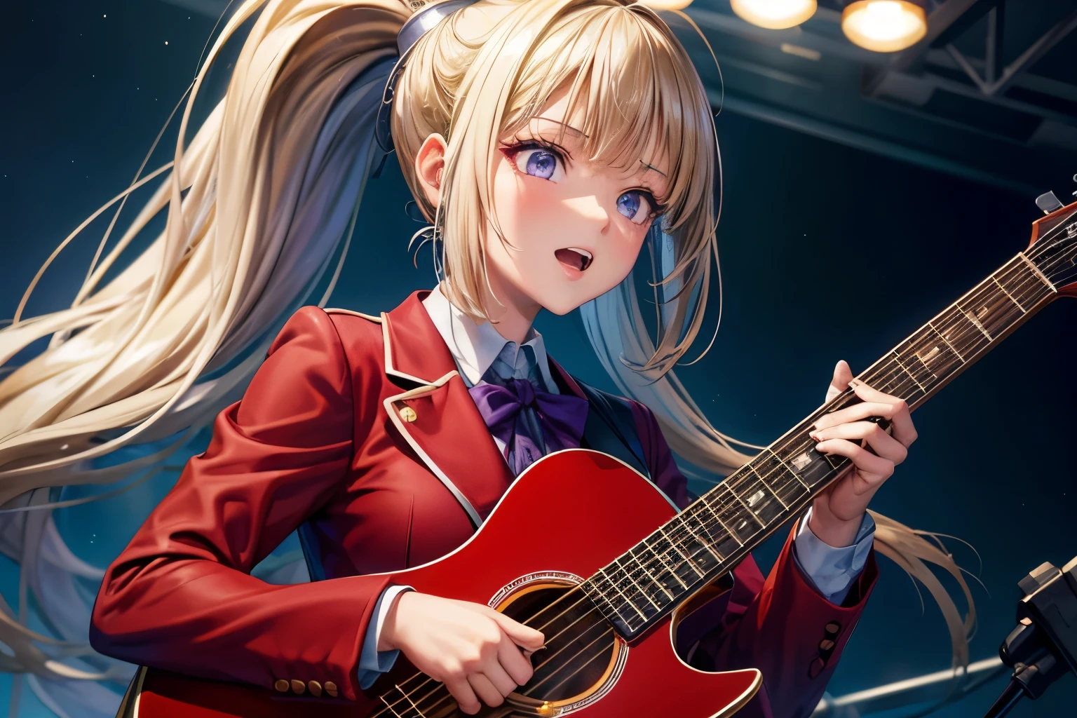 ((obra de arte:1.4, melhor qualidade)), ultra detalhado, super detalhado,Kei Karuizawa,1 garota,loiro, rabo de cavalo, olhos roxos, Qualidade HD , cantoria , playing a guitar cantoria while playing guitar,Ídolo, uniforme escolar, Casaco vermelho, saia branca, garota linda, visão geral