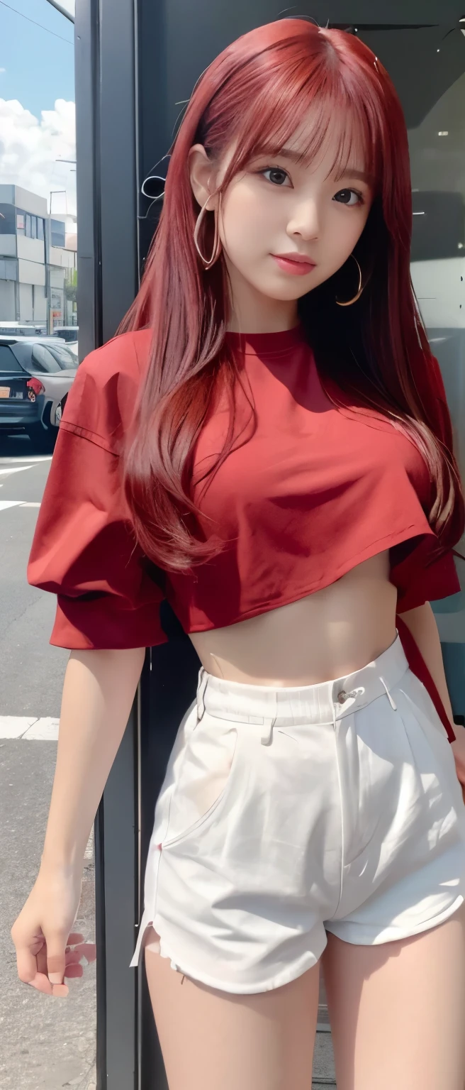 Un primer plano de una mujer con el pelo rojo y una blusa roja - SeaArt AI