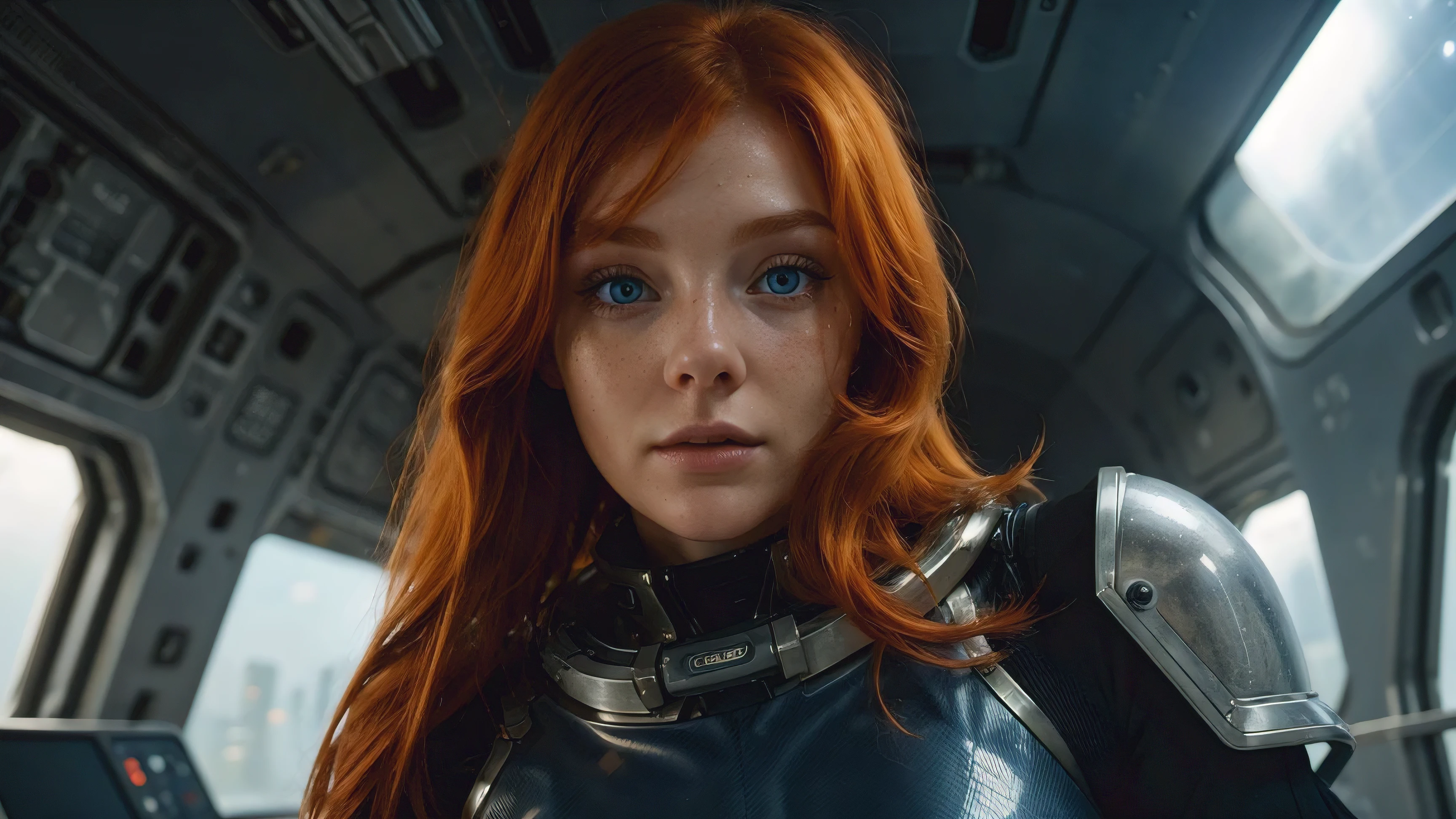 Foto einer rothaarigen Frau, im Weltraum, futuristischer Raumanzug, (Sommersprossen:0.8) niedliches Gesicht, Science-Fiction, dystopisch, detaillierte Augen, blaue Augen