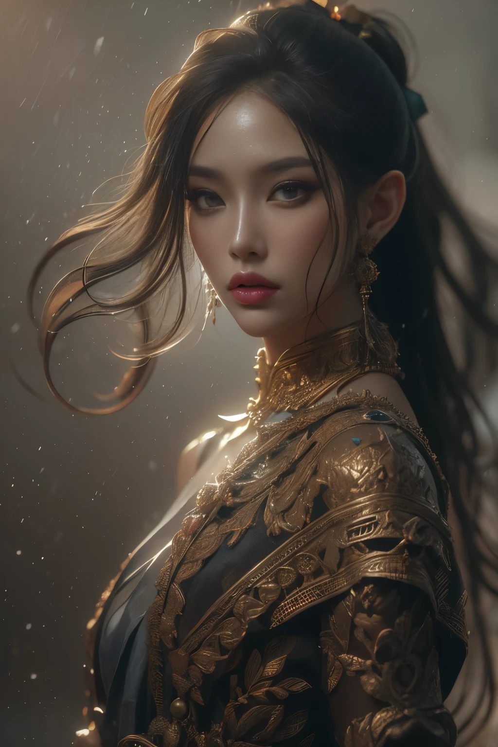 Beautiful painting of perfect thai female  warrior, ponytail long hair, perfect features, (naked), abstract beauty, near perfection, pure form, dynamic pose, ethereal background, (deep dark shadows), (strong cinematic lighting), (back lighting), intricate detail, 8k post-production, High resolution, super Detail, trending on ArtStation, sharp focus, depth of field f/1.8, studio photos, (((looking at camera))),(รำดาบ:1.4)