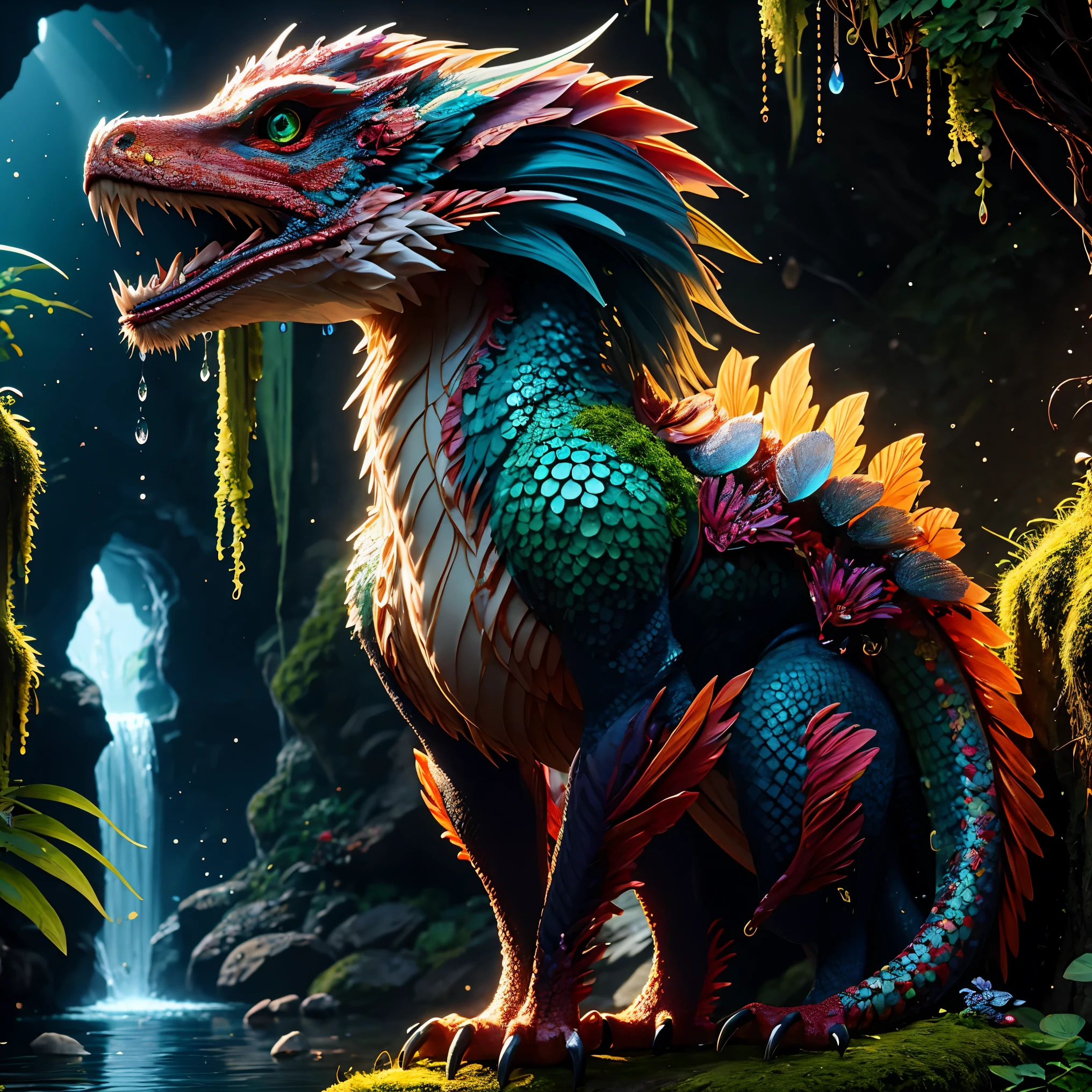 (masterpiece, best quality:1.2), realistic 3D models of fantasy creature paldragon, solo，head shoot，close-up, ultra detailed eyes and face，Crystal scale material, realistic texture, moss vegetation, in the wet cave entrance