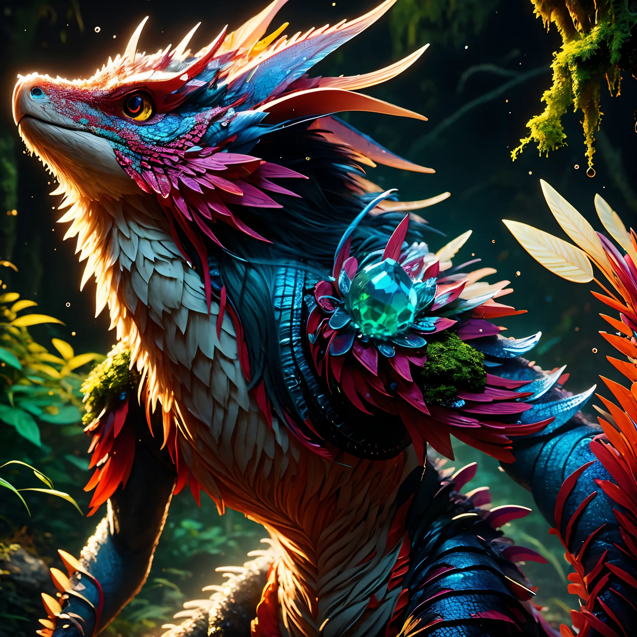 (masterpiece, best quality:1.2), realistic 3D models of fantasy creature paldragon, solo，head shoot，close-up, ultra detailed eyes and face，Crystal scale material, realistic texture, moss vegetation, in the wet cave entrance