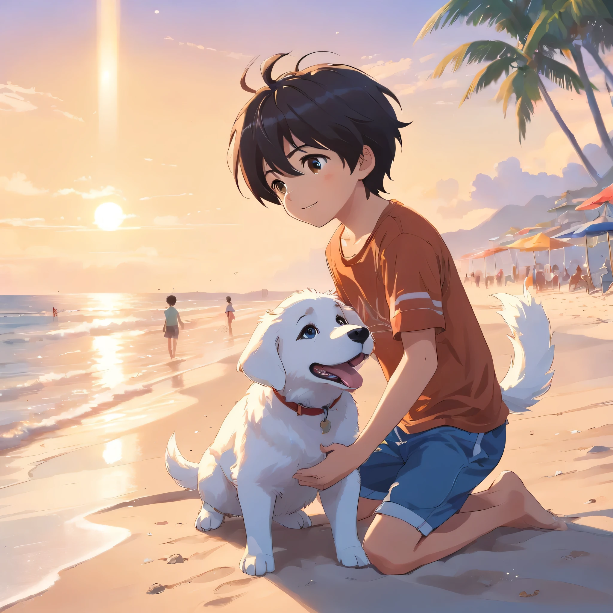 Anime boy and dog on the beach at sunset - SeaArt AI