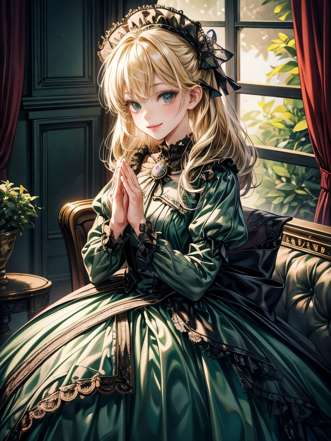 prompt: 8K resolution, delicate features, , single, unique students, shy smile, blonde, princess cut, Bow hair ornament, brooch, shiny dark green dress, lolita style, gothic style, Folded hands, facing the viewer, Otaku Room, Female imps