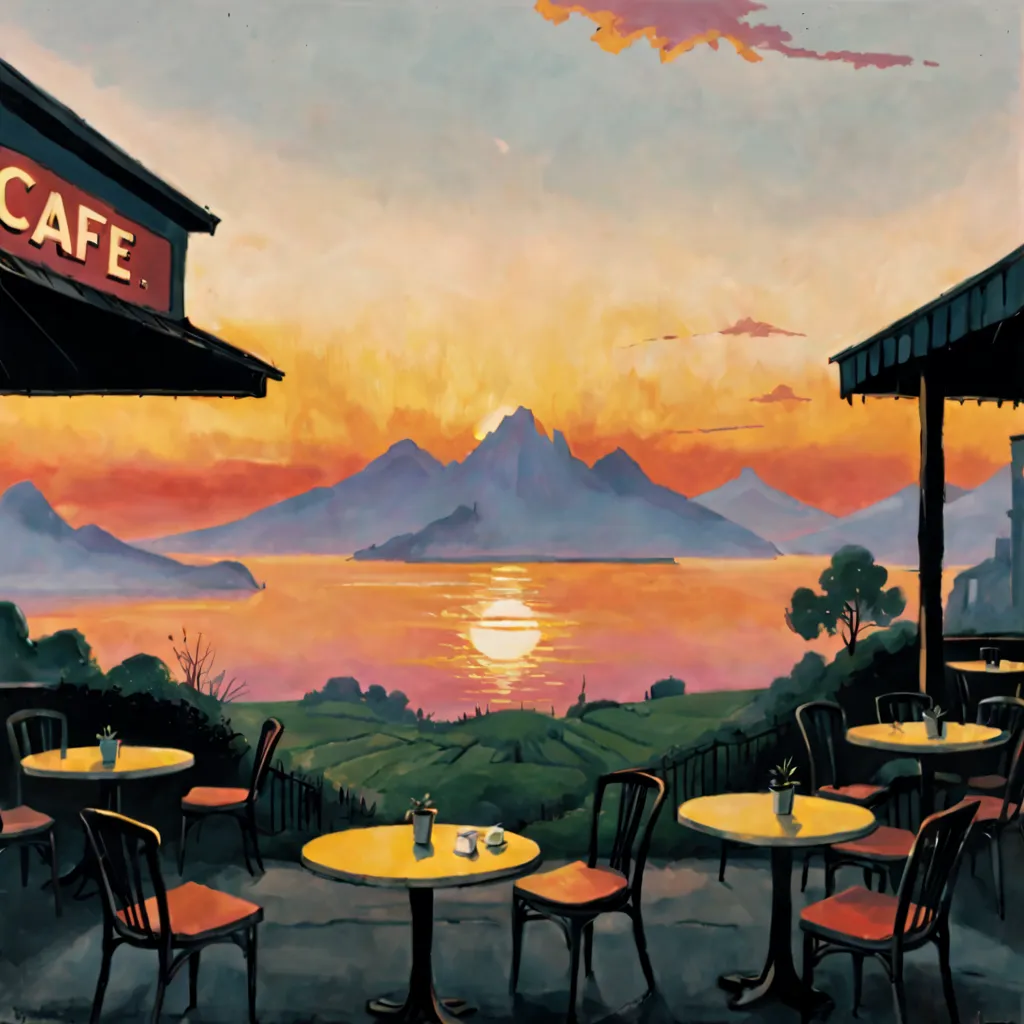 masterpiece, sunset, cafe