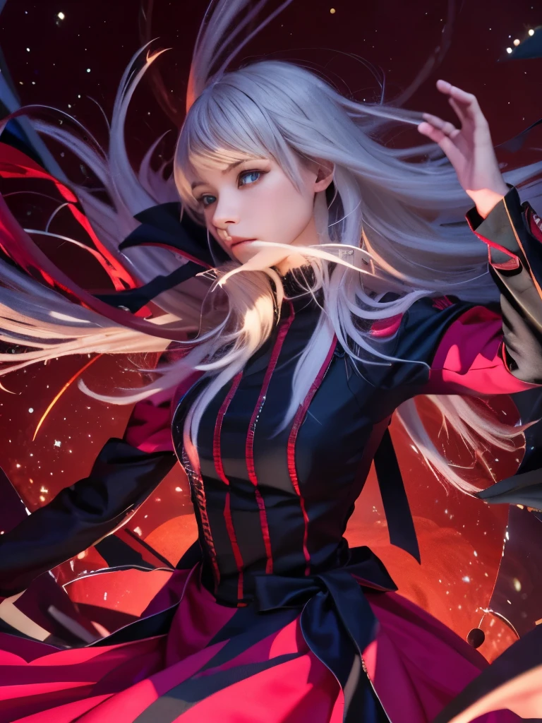 a woman with long white hair and a red dress standing in front of a red background, digital art from danganronpa, anime girl with cosmic hair, digital art on pixiv, demon anime girl, zerochan art, white haired deity, nagito komaeda, gapmoe yandere grimdark, detailed fanart, by Kamagurka, beautiful anime artwork