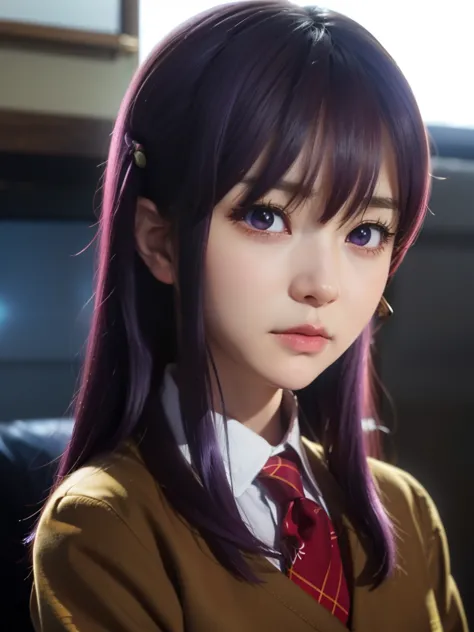 anime girl with purple hair and a tie looking at the camera, misato katsuragi, close up iwakura lain, iwakura lain, close up of ...