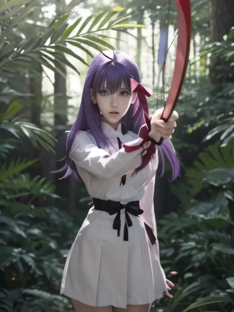 anime girl with purple hair holding a red ribbon in a forest, anime style like fate/stay night, anime moe artstyle, gapmoe yande...