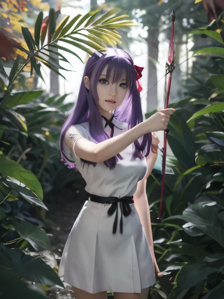 chica anime con cabello morado sosteniendo una cinta roja en un bosque, anime style like destino/Estancia de noche, estilo artístico anime moe, Gapmoe Yandere, misato katsuragi, Arte oficialwork, yandere, estilo artístico anime de alta calidad, Arte oficial, arte anime limpio y detallado, destino / Estancia de noche, hecho con estudio de pintor anime, chica anime con arco y flecha