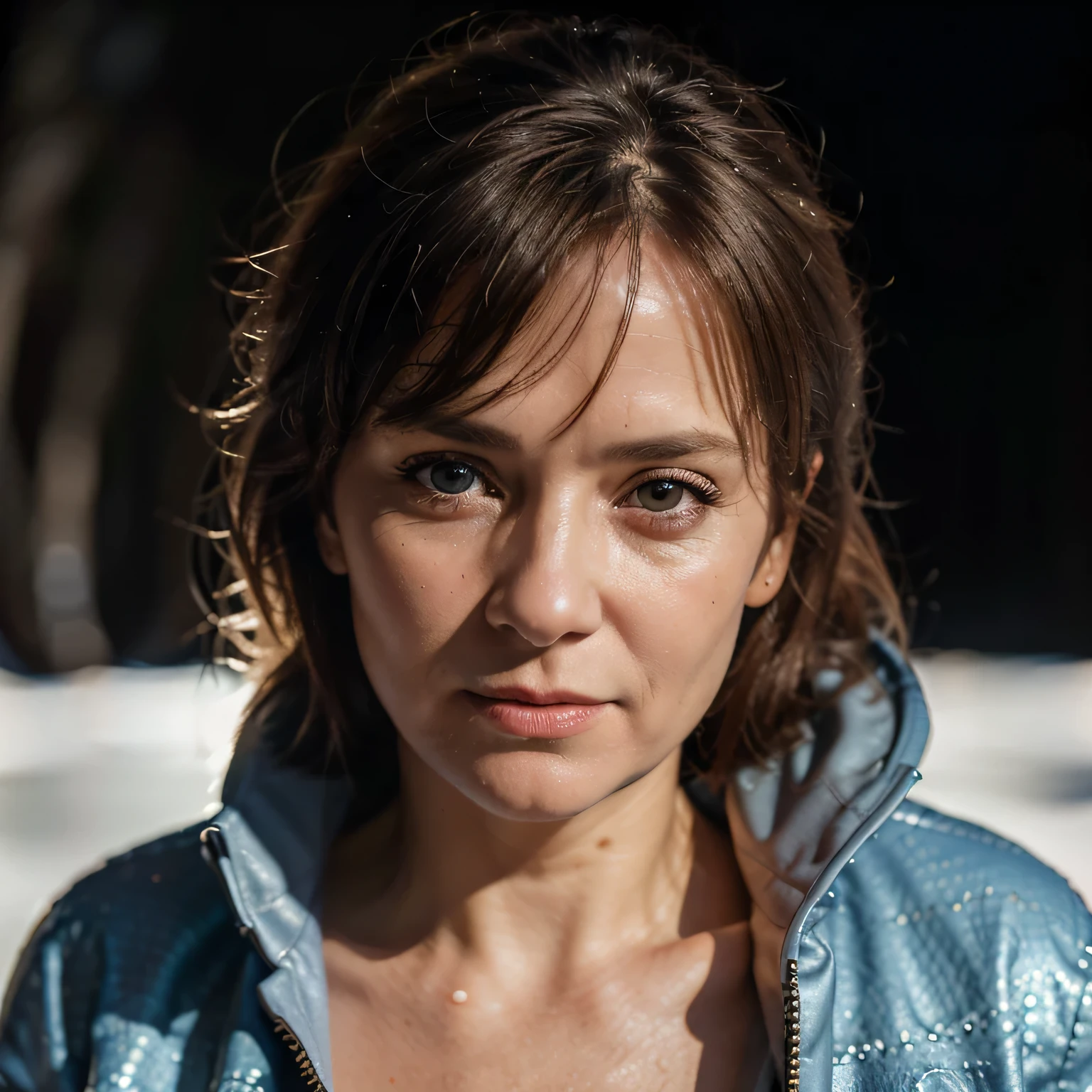 close-up portrait of a middle aged german woman in a sun lit ice cave while wearing a t-shirt and a jacket. fifty years old, cute face, slim and thin body, bokeh background, (highly detailed skin:1.0), (masterpiece:1.2) (photorealistic:1.2) (bokeh) (best quality) (intricate details) (8k) (HDR) (analog film) (canon d5) (cinematic lighting) (sharp focus),