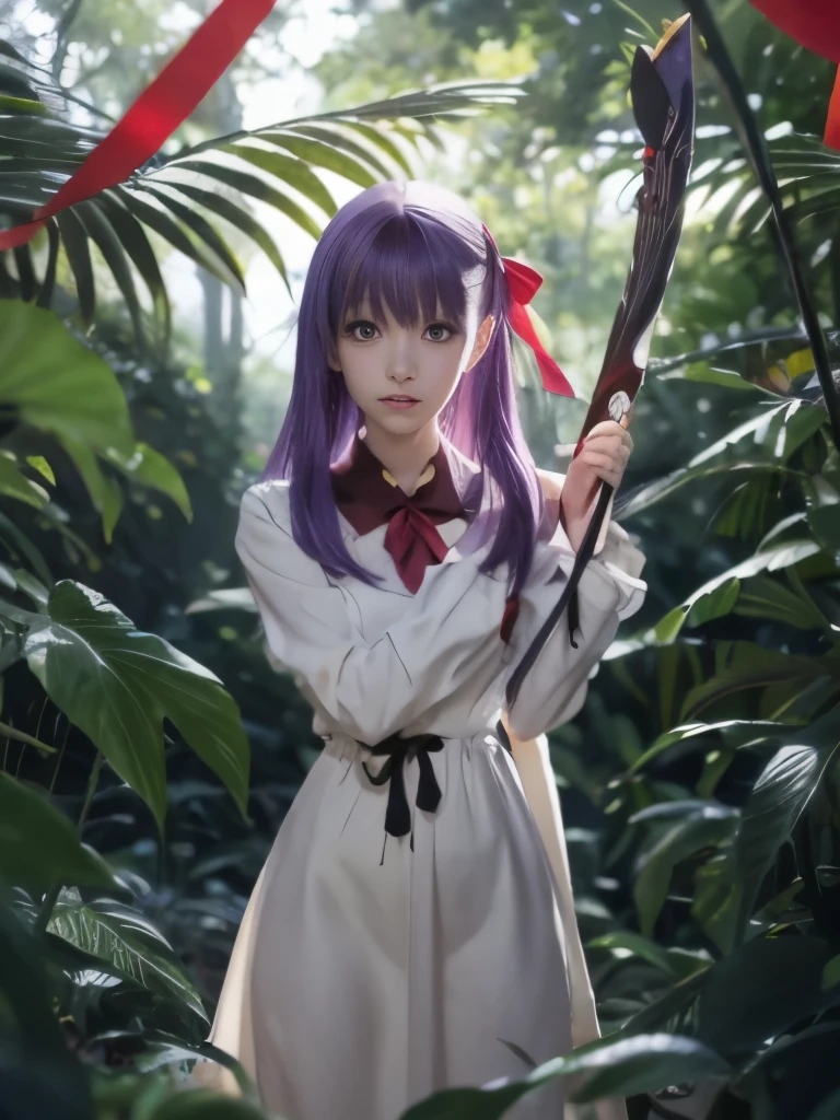 garota anime com cabelo roxo segurando uma fita vermelha em uma floresta, anime style like Destino/fique durante a noite, estilo de arte anime moe, gapmoe Yandere, Misato Katsuragi, Arte oficialwork, Yandere, estilo de arte de anime de alta qualidade, Arte oficial, arte de anime limpa e detalhada, Destino / fique durante a noite, feito com estúdio de pintor de anime, garota de anime com arco e flecha