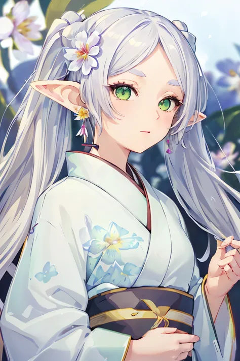 ((masterpiece)), (highest quality), High resolution, super detailed, disorganized, 2D freeze, 1 girl, earrings, goblin, long hair, pointed ears, alone, twin tails, green eyes, earrings, gray hair, looking at the viewer, (white kimono:1.3), (gorgeous flower...