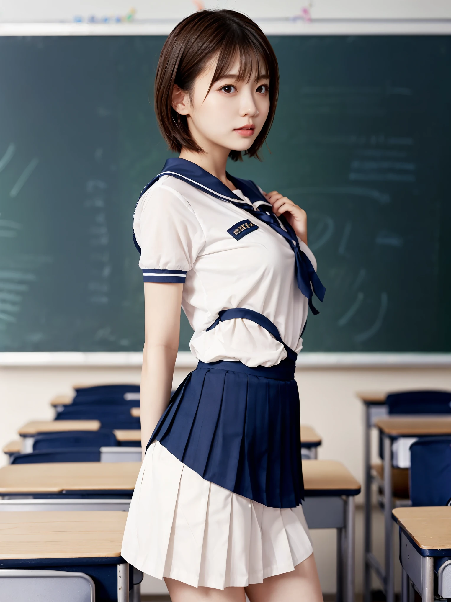 Silver short bob hair：1.8, Beautiful woman, profile、(Short Sleeve White Sailor School Unishape、navy pleated skirt：1.5), lift your butt：1.5，bare hands：1.5， very sexy, ultimate image quality, (school classroom:1.5), bright light、Cute face and beautiful butt:1.2, constricted waist、beautiful figure、 shape、beautiful skin,