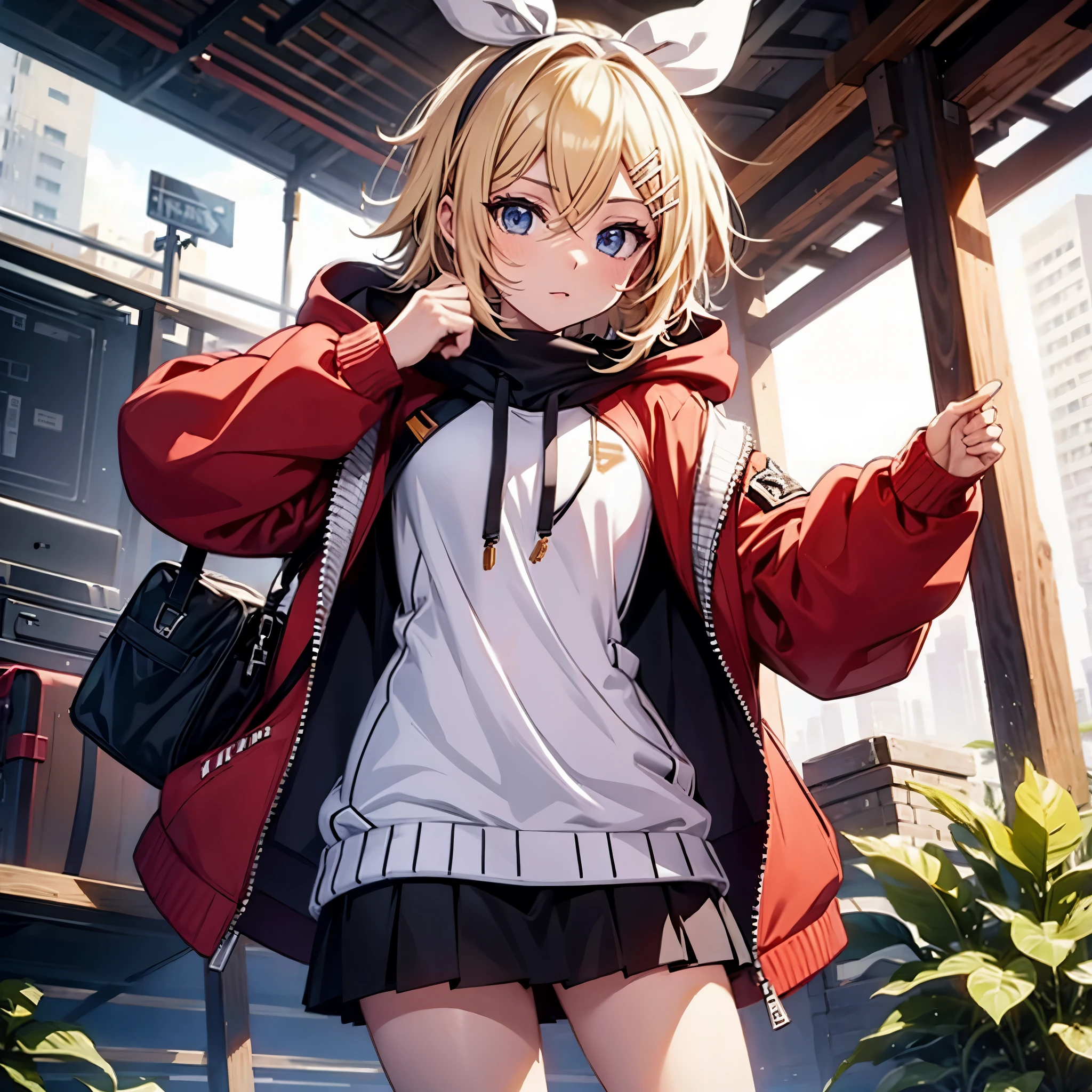 Kagamine Rin , porter un pull à capuche rouge , minijupe blanche avec lignes horizontales dorées , regarder le spectateur ,