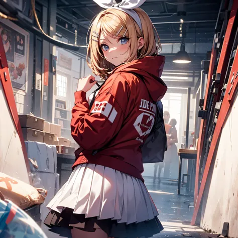 kagamine rin , 1 girl , wearing a red hooded sweater , white miniskirt with gold horizontal lines , viendo al espectador , braga...