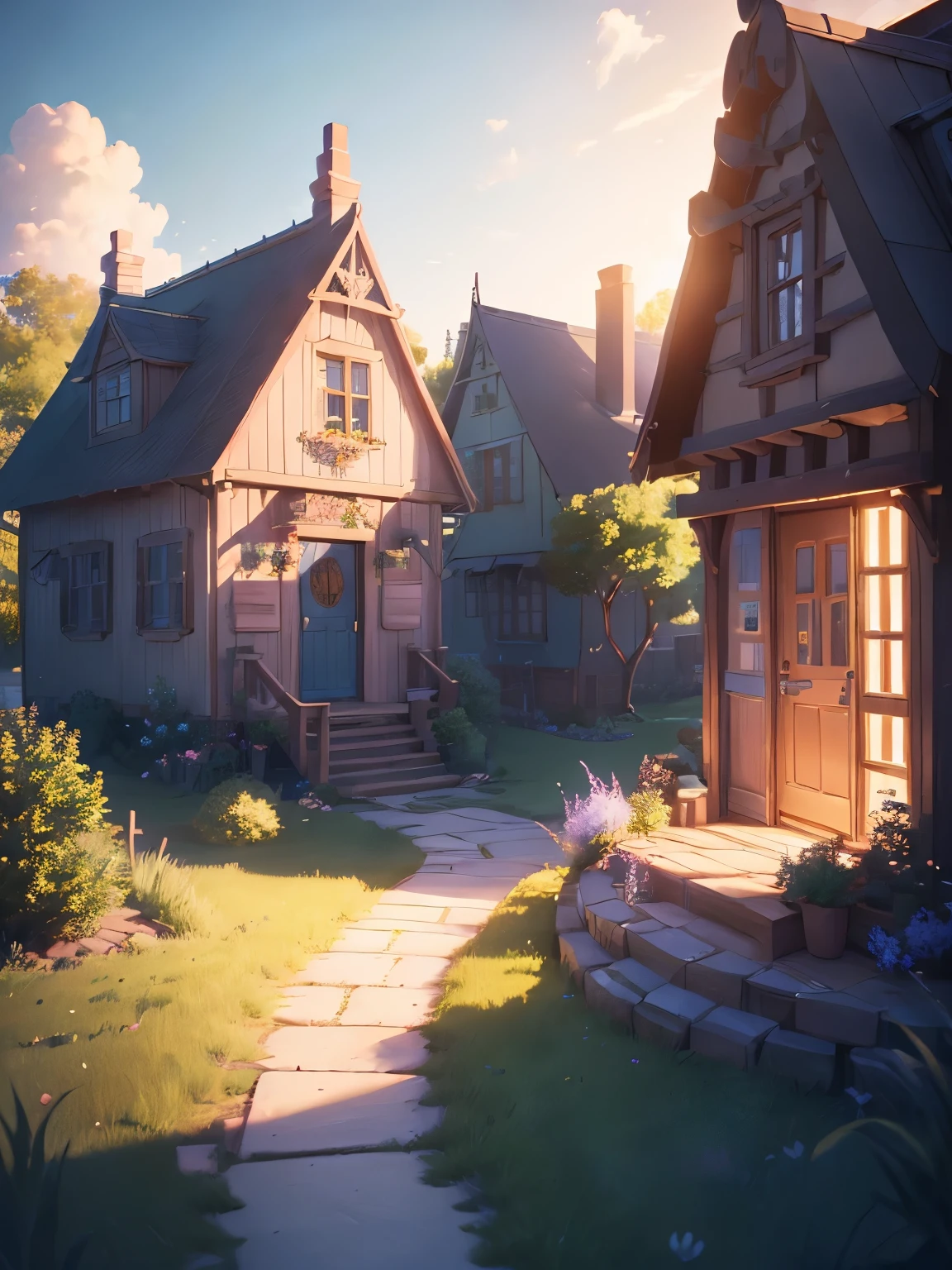 ((masterpiece、very detailed CG Unity 8k、best quality、very detailed：1.2))、(Top quality: 1.2)、 Candy House、(best illustrations)、 (beautiful lighting)、Isometric 3D、octane rendering、ray tracing、Super detailed、fantasy、cute house exterior、pop blue and pink house、Behind is a field、Cartoon、beautiful sky