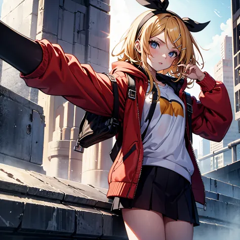 Kagamine rin , 1 girl , wearing a red hooded sweater , white miniskirt with gold horizontal lines , viendo al espectador , braga...