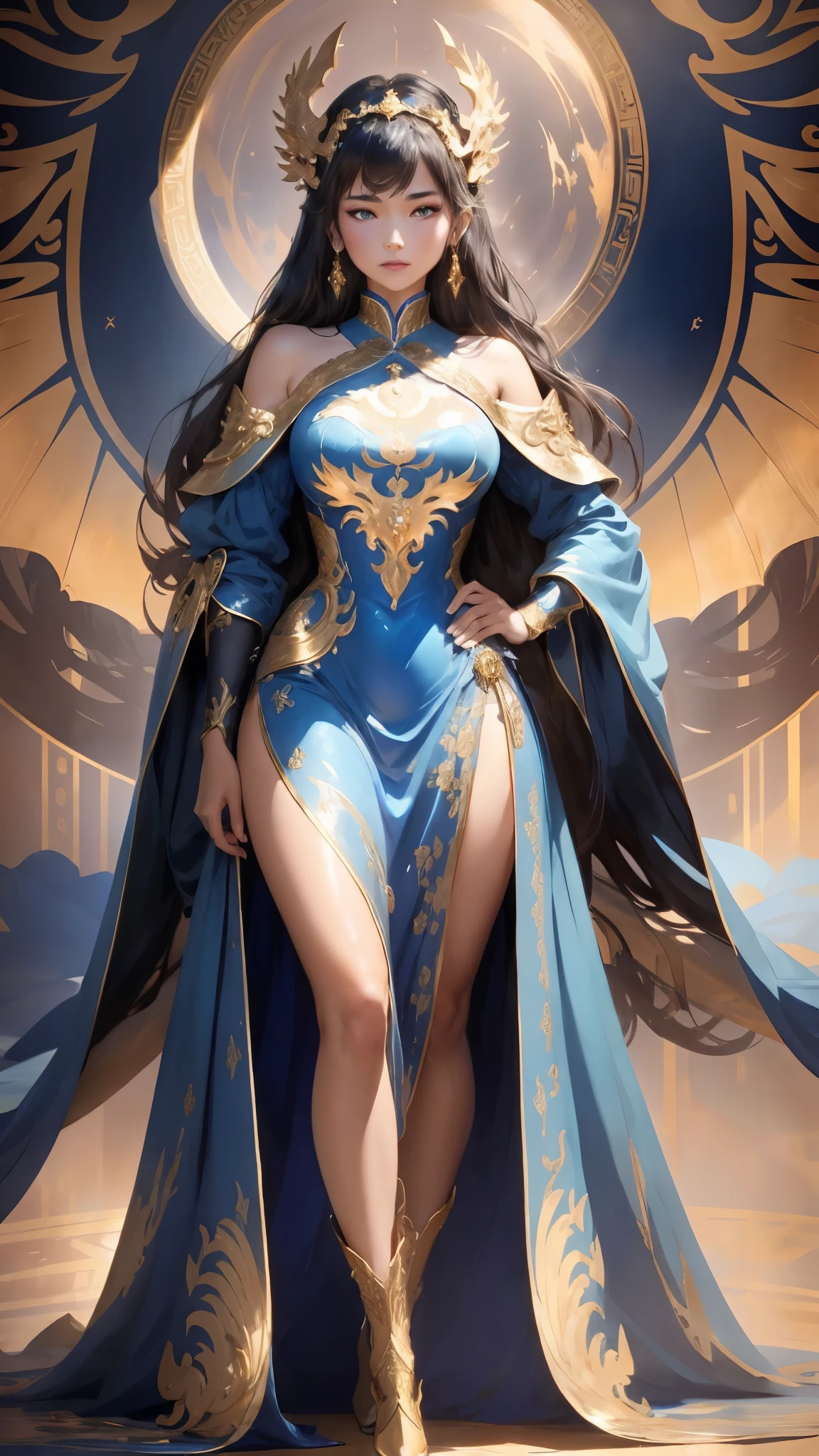 {best quality}, {{masterpiece}}, {high resolution}, original, Highly detailed 8K wallpaper, {very delicate and beautiful},,1 Girl standing in front of a huge golden dragon，blue dress，taoist，intense angle ,upright,Epic Light