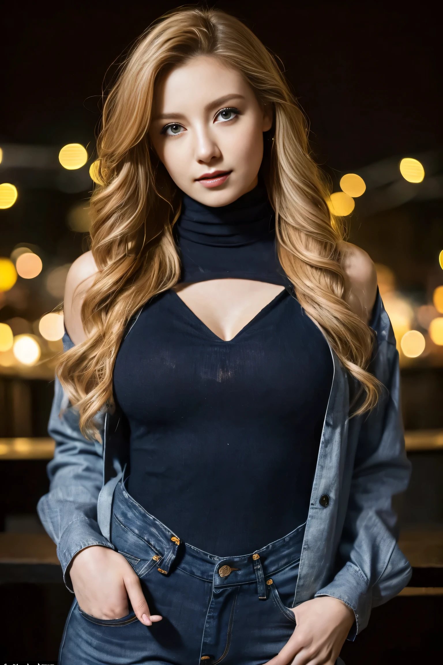 25-year-old European girl&#39;s hyper-realistic photo,Appears in fog, ((full-body shot:1.4))，in the dark night, original, beautiful woman, (Blonde Extra Long Curly Hair), ((Detailed face:1.2)), ((detailed facial features)), (delicate skin), pale skin,((turtleneck shirt and jeans:1.4)), (in the bar：1.4),((in the bar holding a glass of red wine))，dark style, gothic style,Detailed face, exquisite eyes, (exquisite blonde),strict expression, delicate skin, (Naked meat),((exposed:1.4)),view viewer, dramatic, Energetic, sharp focus, The environment is dark,50mm,f1.2, EOS-1D X Mark III,(night),Everlasting,(complex background), (Heavy makeup),(Cold skin pores,dark colour, Excellent,complementary colors, Gothic unusual art masterpiece),dark effects，realistically，Surrealism， high detail， depth of field， Details and sophistication， photo， HD， Influence， dark lighting， （bokeh）， （（Beautiful big breasts））， （Cinema Influence）， （（Detailed face and eyes）），full-body shot，It was too dark， fantasy,dark， Black，Smile，grinning,full-body shot，full-body shot，full-body shot，