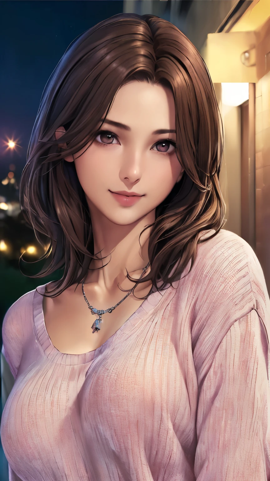 ((night、realistic light、highest quality、8K、masterpiece: 1.3))、1 girl、slim beauty: 1.4、(brown hair、medium breasts: 1.3)、Pink long sweater: 1.1、Bathroom、extra thin face、delicate eyes、 double eyelid、smile、necklace、brown eyes