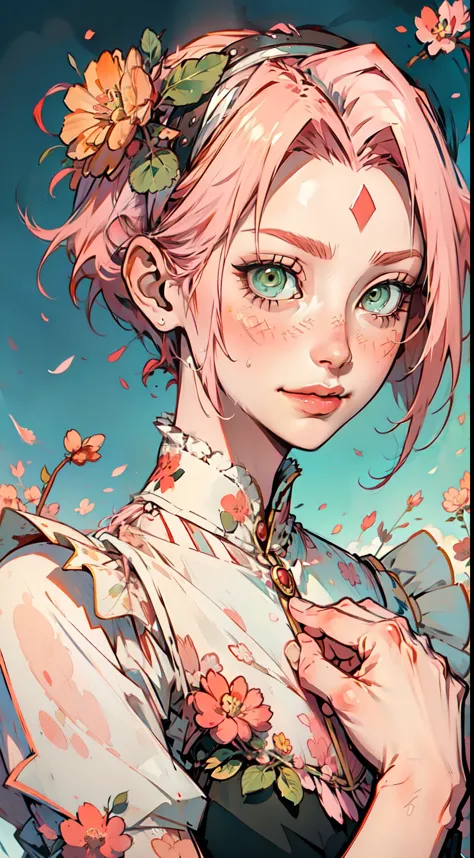 Arte Splash. uma garota. Solo, segurando uma placa em branco. Sakura, A mulher magra de cabelos curto e rosa possui detalhes del...