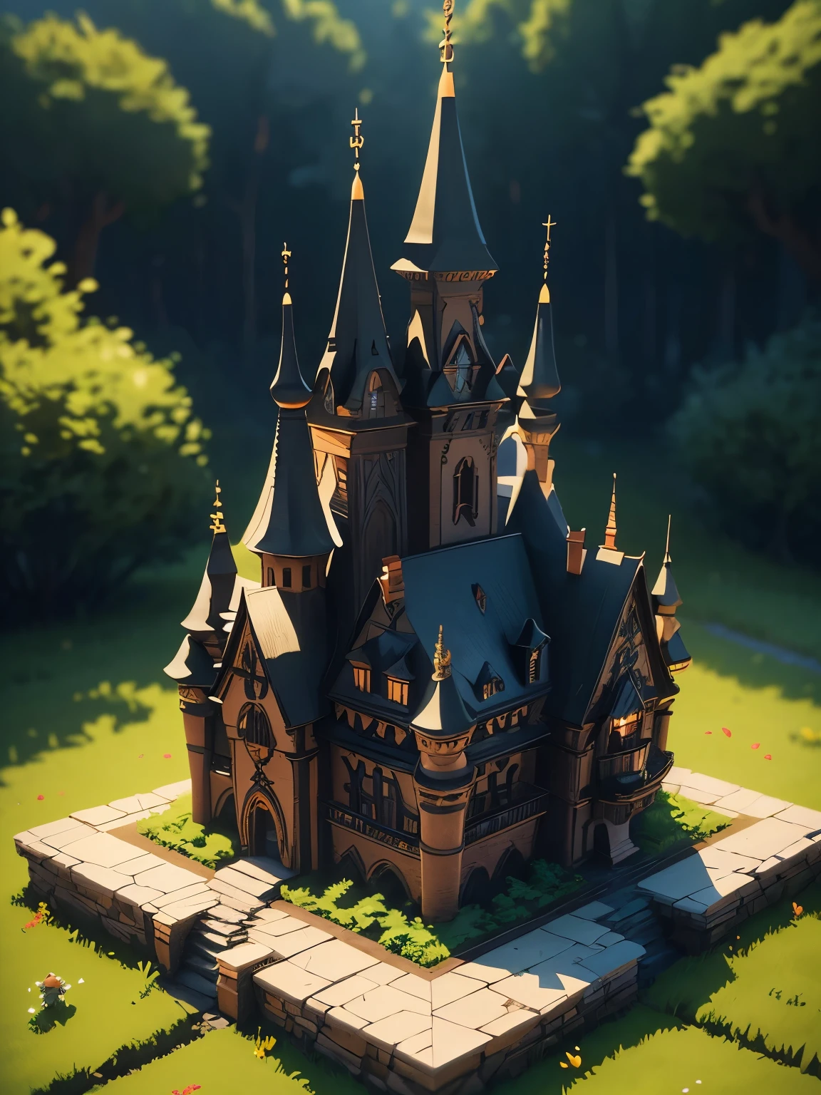 ((masterpiece、very detailed、CG Unity 8k、best quality、very detailed：1.2))、(Top quality: 1.2)、 Exterior of Dracula&#39;s castle、(best illustrations)、 (beautiful lighting)、Isometric 3D、octane rendering、ray tracing、Super detailed、fantasy world、童話に出てくるようなbuilding、building、A creepy tree in the background々、fairy tale、Cartoon、Cartoon design style、Beautifully detailed digital art, In a Sweet Earth Style House、movie、Super detailedなレンダリング、fantastic world housing 、 2D game isometric camera view