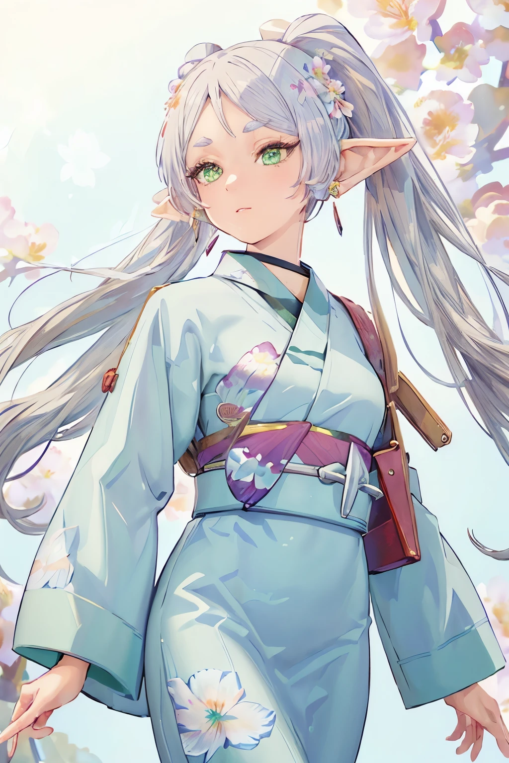 ((masterpiece)), (highest quality), High resolution, super detailed, disorganized, 2D freeze, 1 girl, earrings, goblin, long hair, pointed ears, alone, twin tails, green eyes, earrings, gray hair, looking at the viewer, (white kimono:1.3), (gorgeous flower pattern:1.3), (Gorgeous floral hair ornament:1.3), Temple background, 