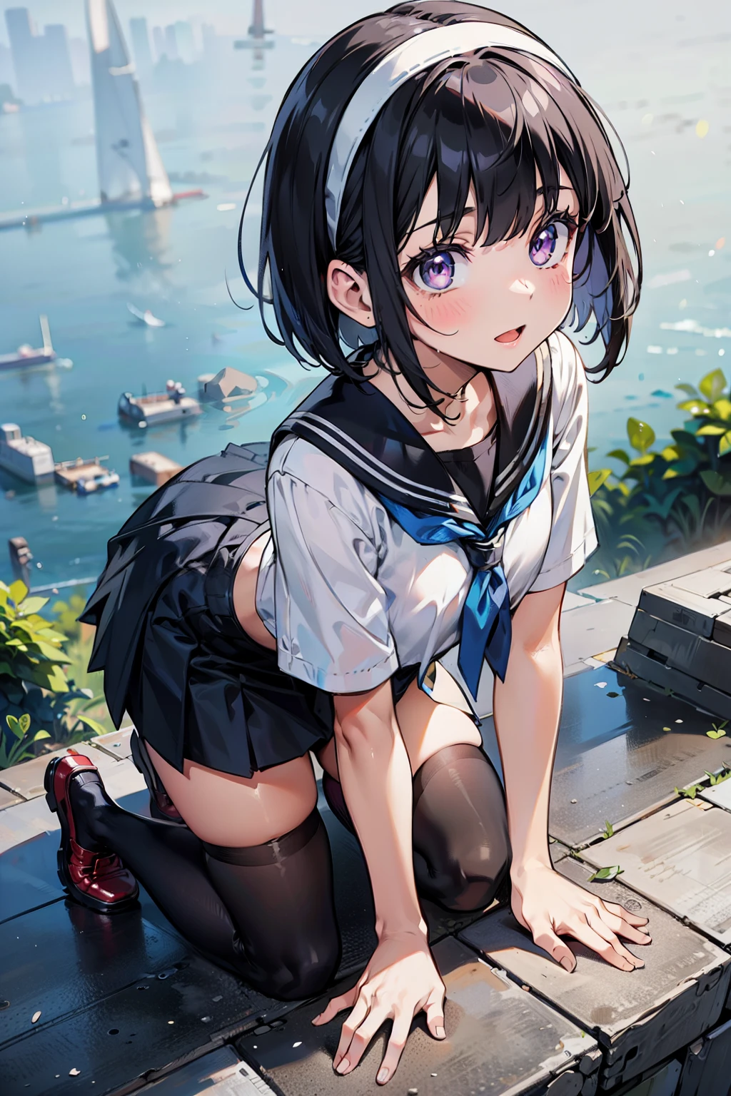 body 8 times longer than head, (Highly detailed CG unity 8k), (highest quality)，(very detailed)，(ultra high resolution), black hair, High school girl wearing a navy sailor suit, Anime 2D rendering, realistic young anime high school girl, ((White headband)), purple eyes, small breasts, tall, slanted eyes, (school scenery), black stockings, bright color, open your mouth, Dark blue skirt, bob cut, position looking down from above,  tripping on the right foot, lean forward, Put your butt on the ground, 