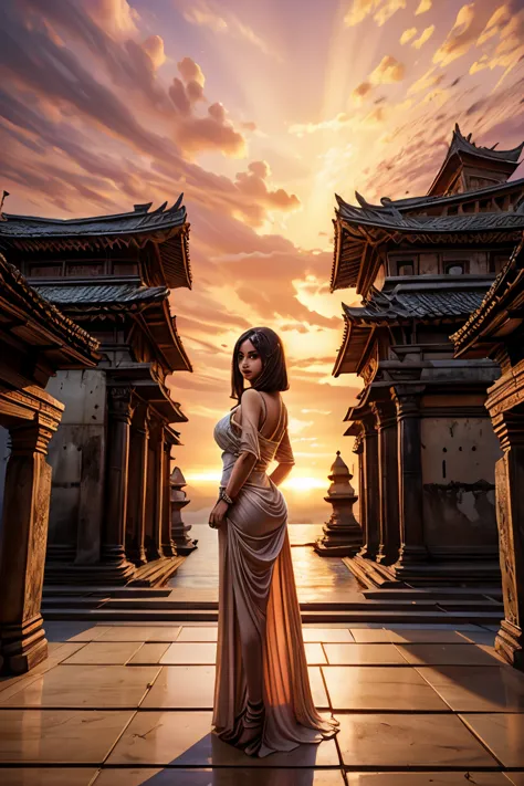 Ancient City at Sunset, young beautiful woman in long dress fashion, full body shot, back view from below, giga_busty
