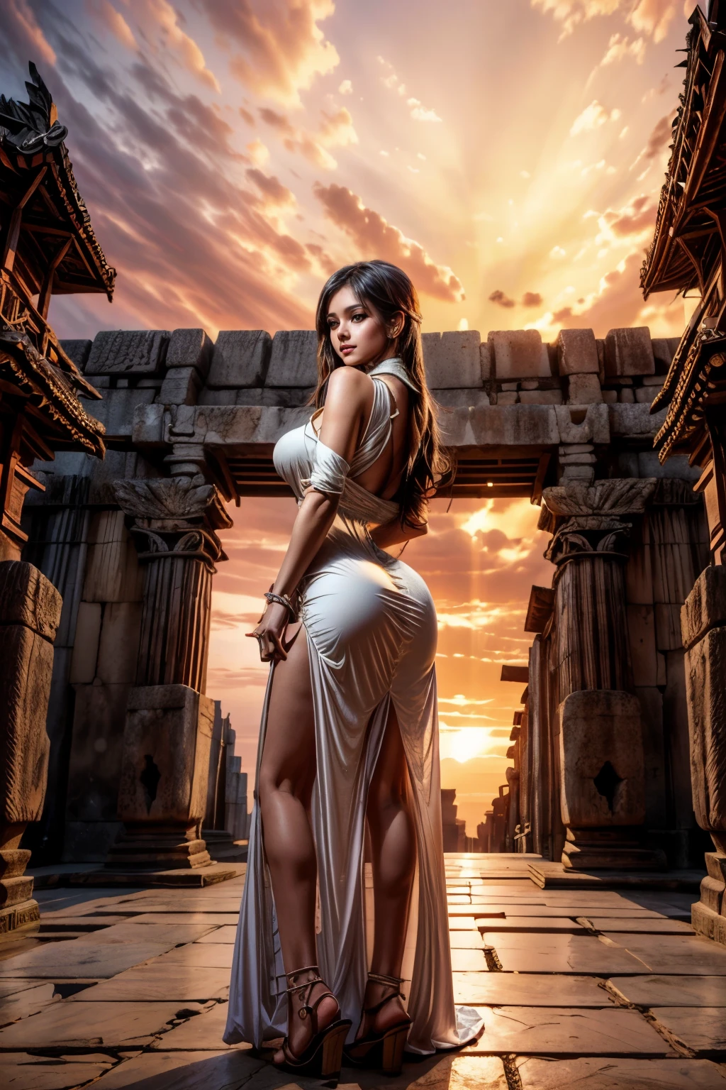 Antike Stadt bei Sonnenuntergang, junge schöne Frau im langen Kleid Mode, Ganzkörperaufnahme, Rückansicht von unten, hoch_vollbusig