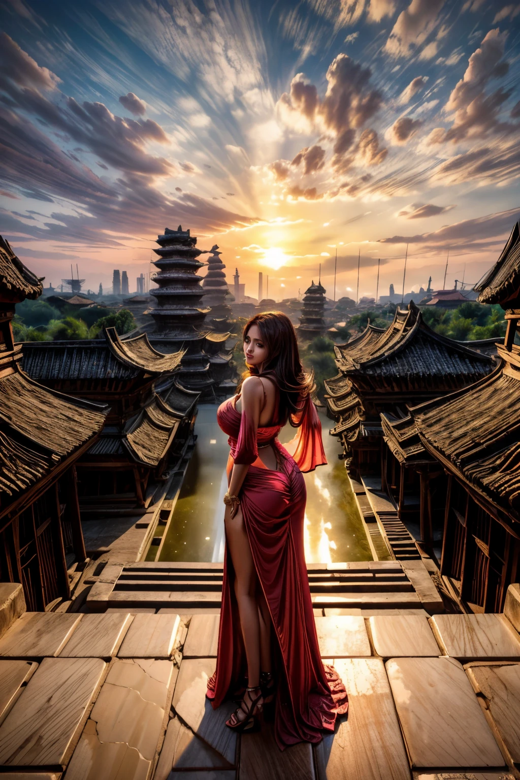 Antike Stadt bei Sonnenuntergang, junge schöne Frau im langen Kleid Mode, Ganzkörperaufnahme, Rückansicht von unten, hoch_vollbusig