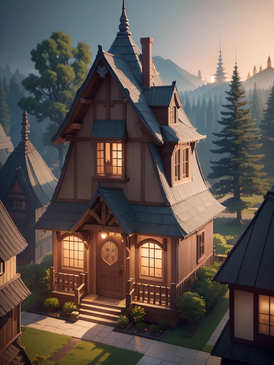 ((masterpiece、very detailed、CG Unity 8k、best quality、very detailed：1.2))、(Top quality: 1.2)、 The exterior of the house、unique pink house、cherry blossoms、(best illustrations)、 (beautiful lighting)、Isometric 3D、octane rendering、ray tracing、Super detailed、fantasy world、童話に出てくるようなbuilding、building、A creepy tree in the background々、fairy tale、Cartoon、Cartoon design style、Beautifully detailed digital art, In a Sweet Earth Style House、movie、Super detailedなレンダリング、fantastic world housing 、 2D game isometric camera view
