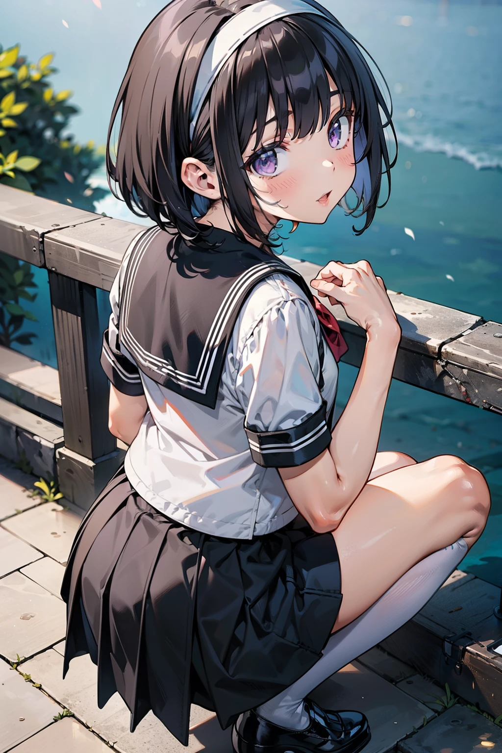 body 8 times longer than head, (Highly detailed CG unity 8k), (highest quality)，(very detailed)，(ultra high resolution), black hair, High school girl wearing a navy sailor suit, Anime 2D rendering, realistic young anime high school girl, ((White headband)), purple eyes, small breasts, tall, slanted eyes, (school scenery), black stockings, bright color, open your mouth, Dark blue skirt, bob cut, position looking down from above, tripping on the right foot, lean forward, bend your knees, sit, Put your butt on the ground,  pose of looking back, 