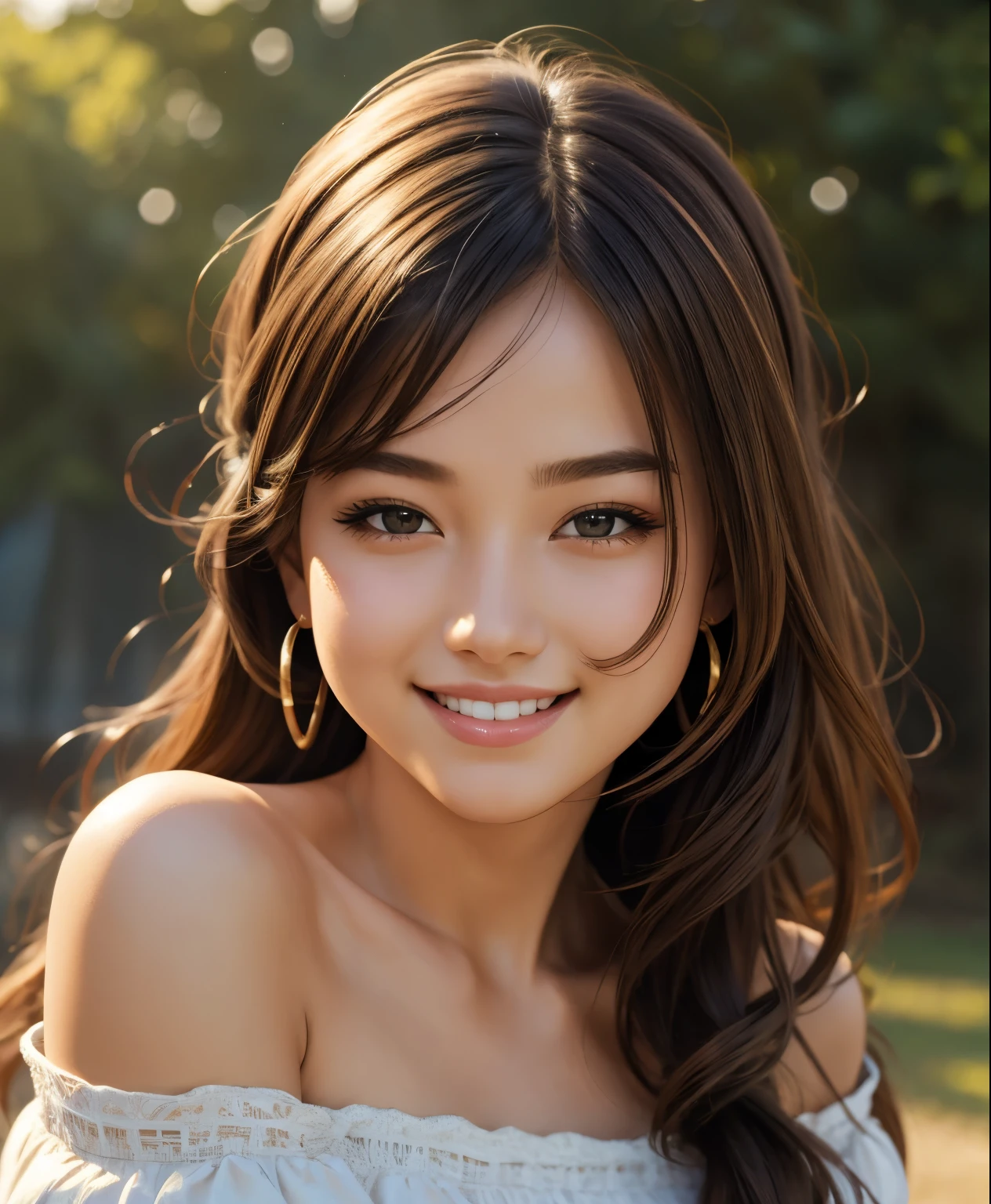 best quality, masterpiece, ultra high res, photorealistic, 1girl, offshoulder, smile