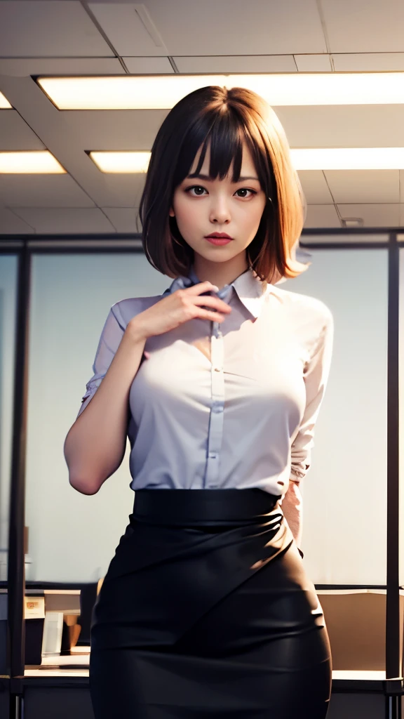 masterpiece, wonderful, (office: 1.8), Ultra-high-definition CG rendering, Are standing, 1 Royal Sister, anger, Woman with short tanned hair, layered dress, Hands folded at the waist, facing the audience, 