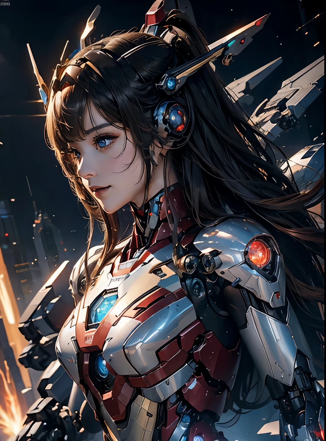  Súper detallado, Detalles avanzados, alta calidad, 最alta calidad, Alta resolución, 1080p, disco duro, Hermoso,(Chica de hierro),Hermosoサイボーグの女性,Chica cyborg mecha,Modo de batalla,chica de cuerpo mecha,Lleva un robot de Iron Man.,tiro de cuerpo completo