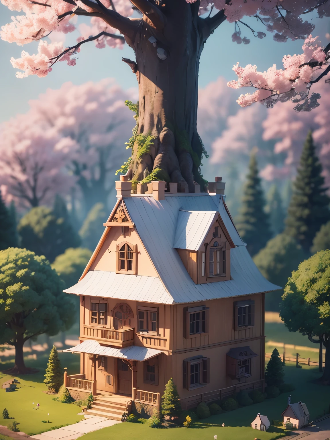 ((masterpiece、very detailed、CG Unity 8k、best quality、very detailed：1.2))、(Top quality: 1.2)、 The exterior of the house、white and pink house、cherry blossoms、(best illustrations)、 (beautiful lighting)、Isometric 3D、octane rendering、ray tracing、Super detailed、fantasy world、童話に出てくるようなbuilding、building、A creepy tree in the background々、fairy tale、Cartoon、Cartoon design style、Beautifully detailed digital art, In a Sweet Earth Style House、movie、Super detailedなレンダリング、fantastic world housing 、 2D game isometric camera view