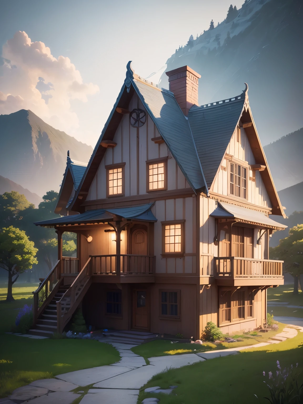 ((masterpiece、very detailed、CG Unity 8k、best quality、very detailed：1.2))、(Top quality: 1.2)、 The exterior of the house、white and pink house、cherry blossoms、(best illustrations)、 (beautiful lighting)、Isometric 3D、octane rendering、ray tracing、Super detailed、fairy tale、Cartoon、Cartoon design style、Beautifully detailed digital art, In a Sweet Earth Style House、movie、Super detailedなレンダリング、fantastic world housing 、 2D game isometric camera view