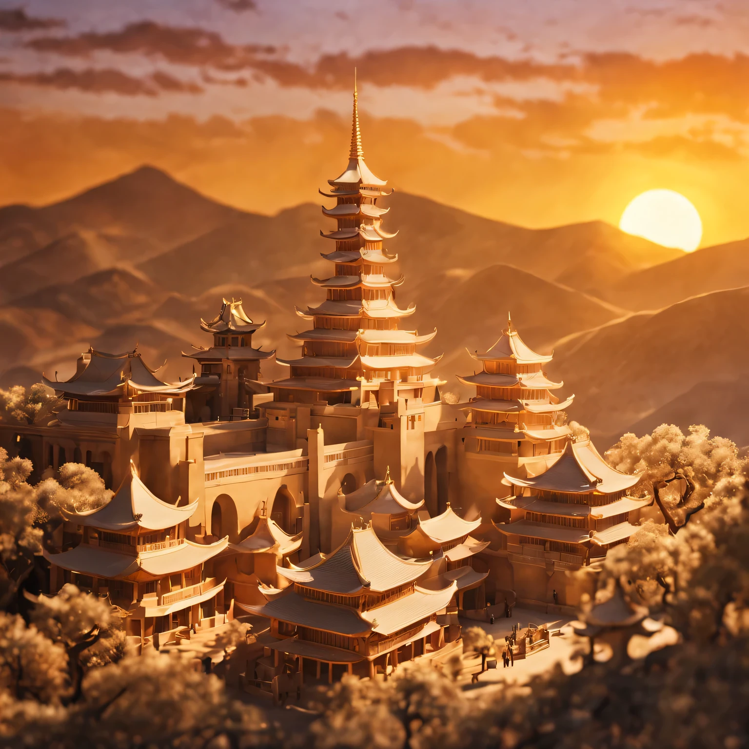 ((Paper carving))：ancient city under sunset，contour，scroll-shaped building，ornate decoration，peaceful atmosphere，warm color palette，charm，Majestic tower，exquisite craftsmanship，The distant mountains are bathed in golden light，sun kissed roof，subtle texture，meticulous details，纸张结构中的lifelike褶皱，Vibrant colors blend with faded daylight，Awe-inspiring sight。（best quality，4K，8k，masterpiece：1.2），Super fine，（lifelike，The photos are real，照片lifelike：1.37）