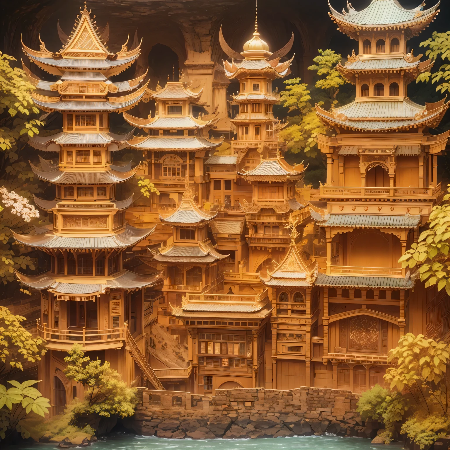 ((Paper carving))：ancient city under sunset，contour，scroll-shaped building，ornate decoration，peaceful atmosphere，warm color palette，charm，Majestic tower，exquisite craftsmanship，The distant mountains are bathed in golden light，sun kissed roof，subtle texture，meticulous details，纸张结构中的lifelike褶皱，Vibrant colors blend with faded daylight，Awe-inspiring sight。（best quality，4K，8k，masterpiece：1.2），Super fine，（lifelike，The photos are real，照片lifelike：1.37）