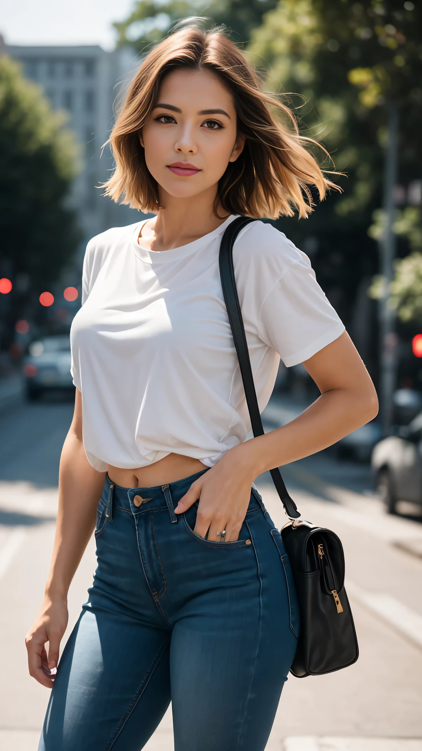 A woman in jeans and a white shirt is walking down the street - SeaArt AI