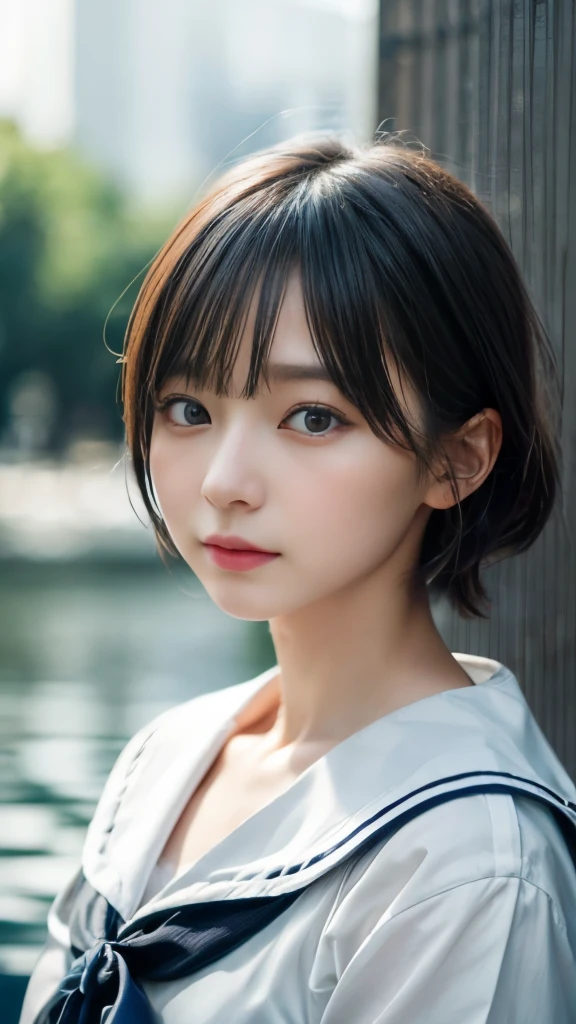 white and black sailor suit,summer clothes,cold look,cold gaze,black hair,,tie hair short,White skin as clear as silk,best realistic depiction,(very detailed美しい顔), wonderful face and eyes, (highest quality:1.4), (Super detailed), (very detailed CG 統合 8k 壁紙), very detailed, High resolution RAW color photos, professional photography, realistic portrait,
 (Detailed full body RAW photo of girl), Canon EOS R5 50mm, sharp focus, cinematic lighting,  (No makeup:1.2), fine skin texture, fine clavicle texture,Detailed texture of sailor suit,very realistic sailor suit
